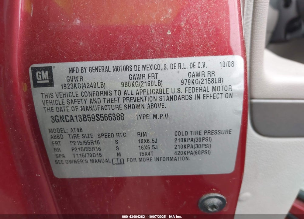 2009 CHEVROLET HHR VIN: 3GNCA13B59S566388