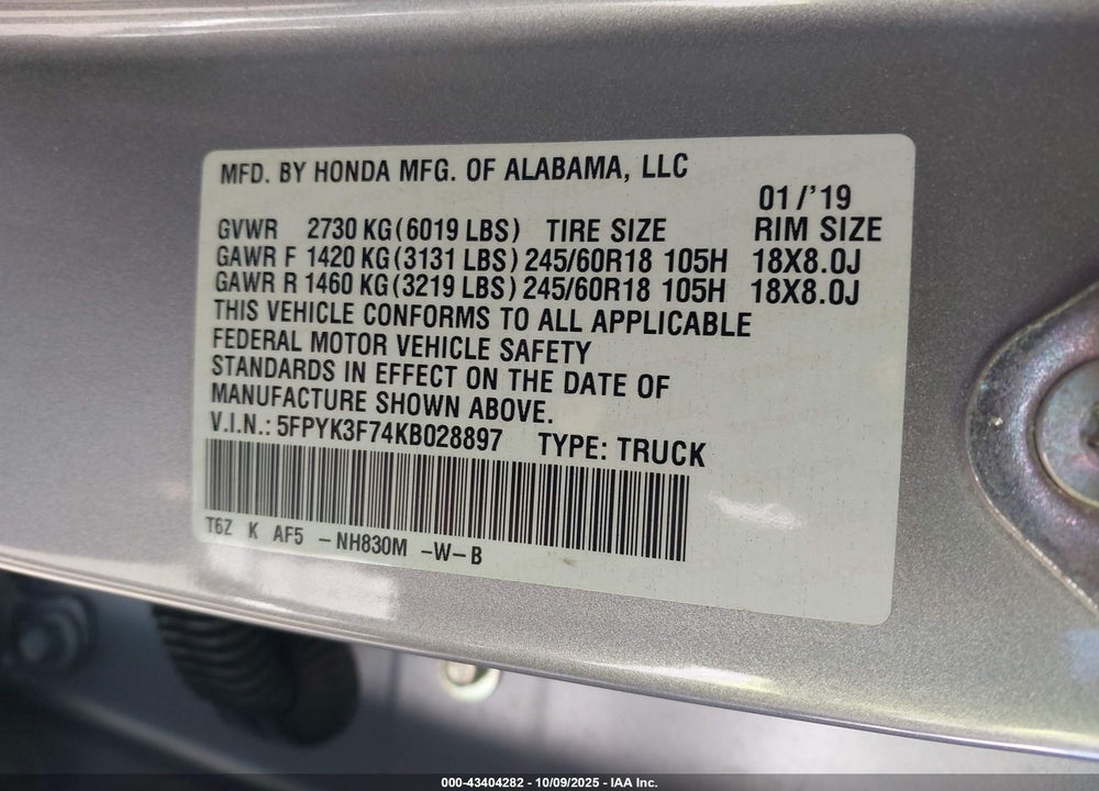 2019 HONDA RIDGELINE RTL-E VIN: 5FPYK3F74KB028897