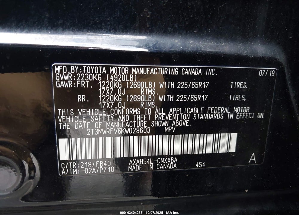 2019 TOYOTA RAV4 HYBRID VIN: 2T3MWRFV6KW028603