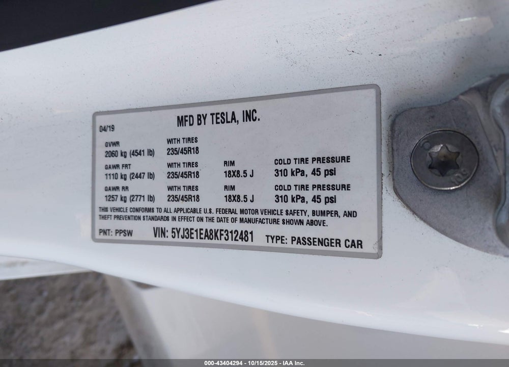 2019 TESLA MODEL 3 LONG RANGE/MID RANGE/STANDARD RANGE/STANDARD RANGE PLUS VIN: 5YJ3E1EA8KF312481