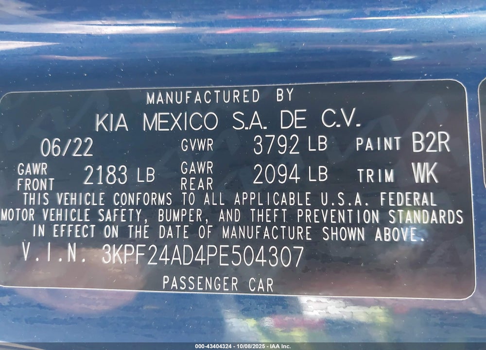 2023 KIA FORTE VIN: 3KPF24AD4PE504307