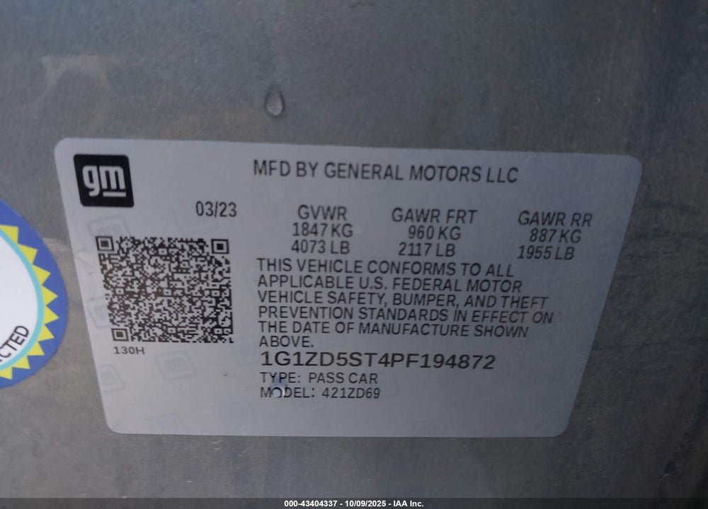 2023 CHEVROLET MALIBU FWD 1LT VIN: 1G1ZD5ST4PF194872