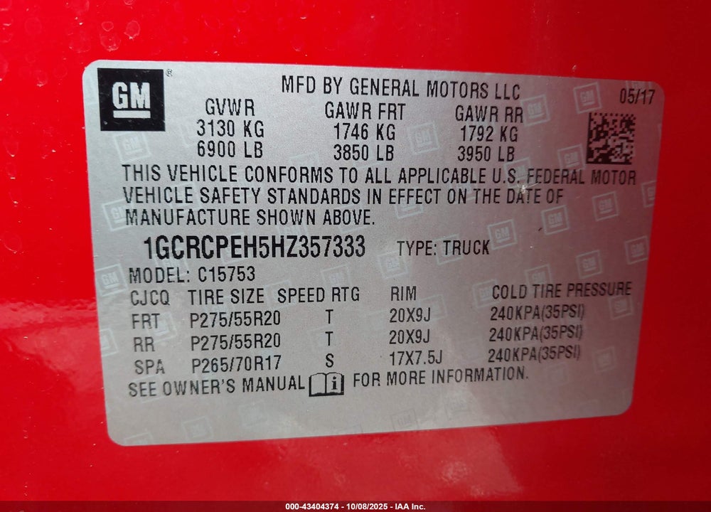 2017 CHEVROLET SILVERADO 1500 CUSTOM VIN: 1GCRCPEH5HZ357333