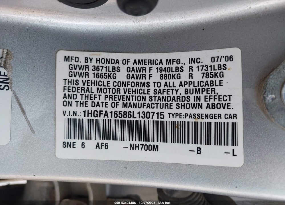 2006 HONDA CIVIC VIN: 1HGFA16586L130715