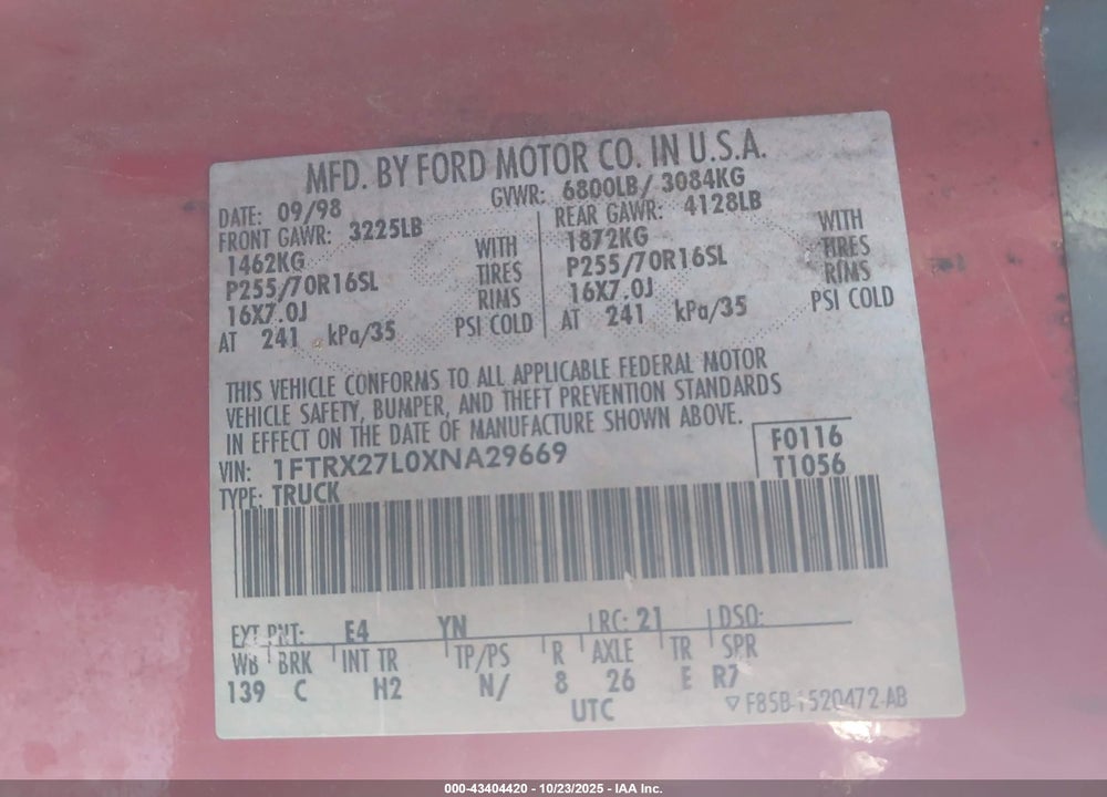 1999 FORD F-250 LARIAT/WORK SERIES/XL/XLT VIN: 1FTRX27L0XNA29669