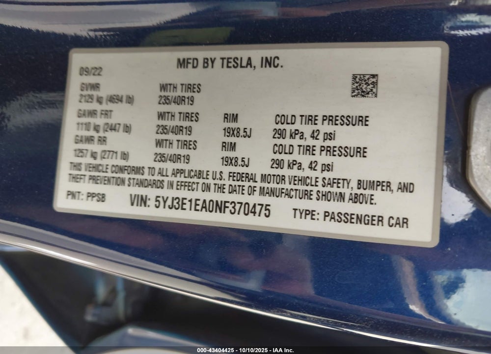 2022 TESLA MODEL 3 REAR-WHEEL DRIVE VIN: 5YJ3E1EA0NF370475