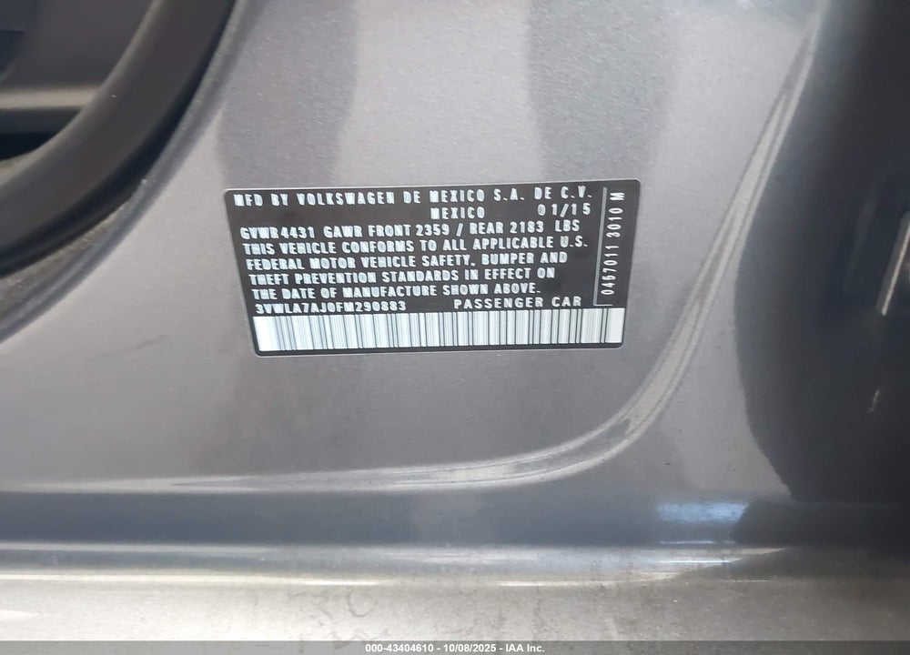 2015 VOLKSWAGEN JETTA VIN: 3VWLA7AJ0FM290883