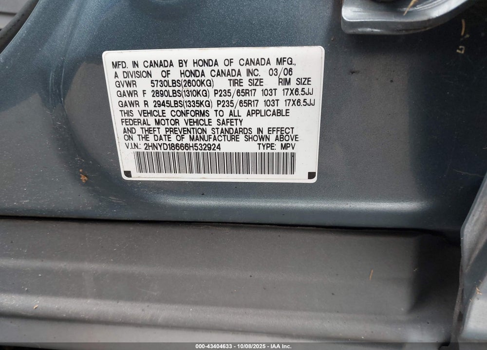 2006 ACURA MDX VIN: 2HNYD18666H532924