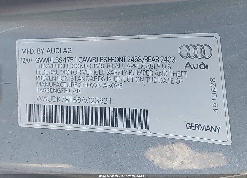 2008 AUDI A5 VIN: WAUDK78T68A023921