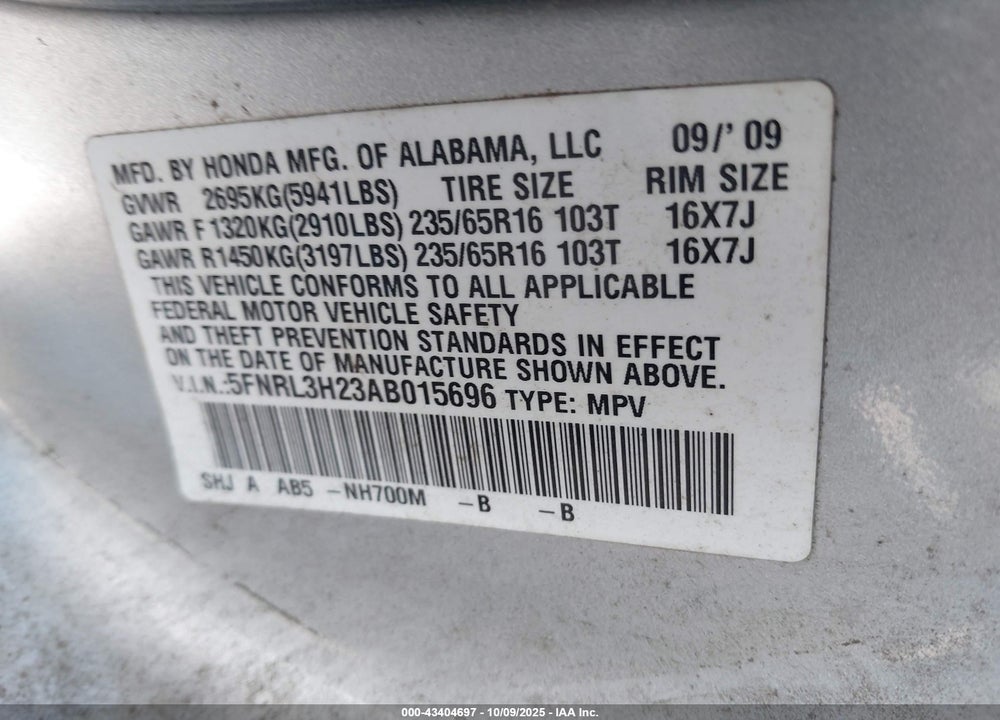 2010 HONDA ODYSSEY LX VIN: 5FNRL3H23AB015696
