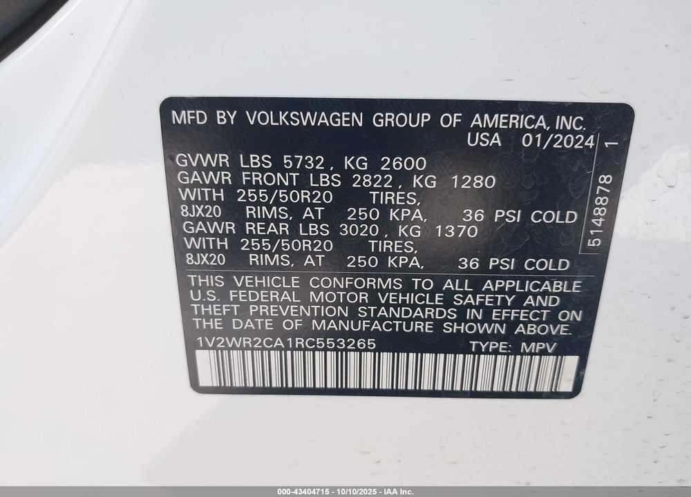2024 VOLKSWAGEN ATLAS 2.0T SE W/TECHNOLOGY VIN: 1V2WR2CA1RC553265