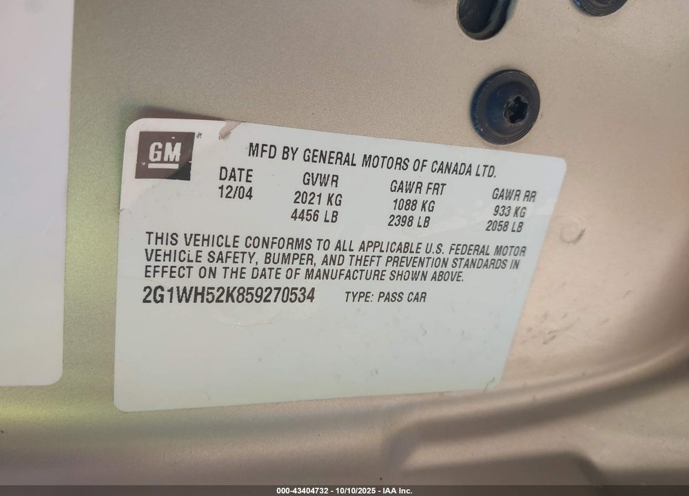 2005 CHEVROLET IMPALA LS VIN: 2G1WH52K859270534