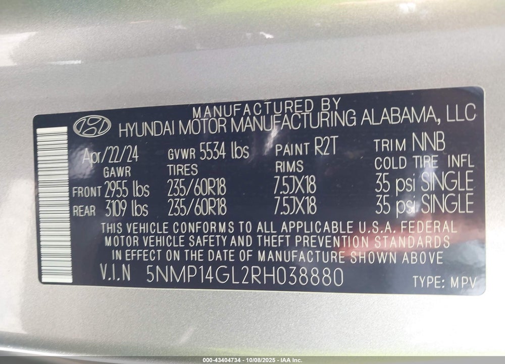 2024 HYUNDAI SANTA FE VIN: 5NMP14GL2RH038880