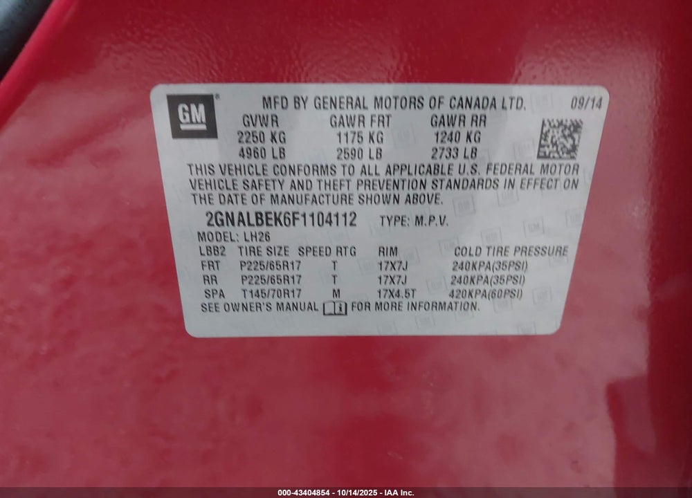 2015 CHEVROLET EQUINOX 1LT VIN: 2GNALBEK6F1104112