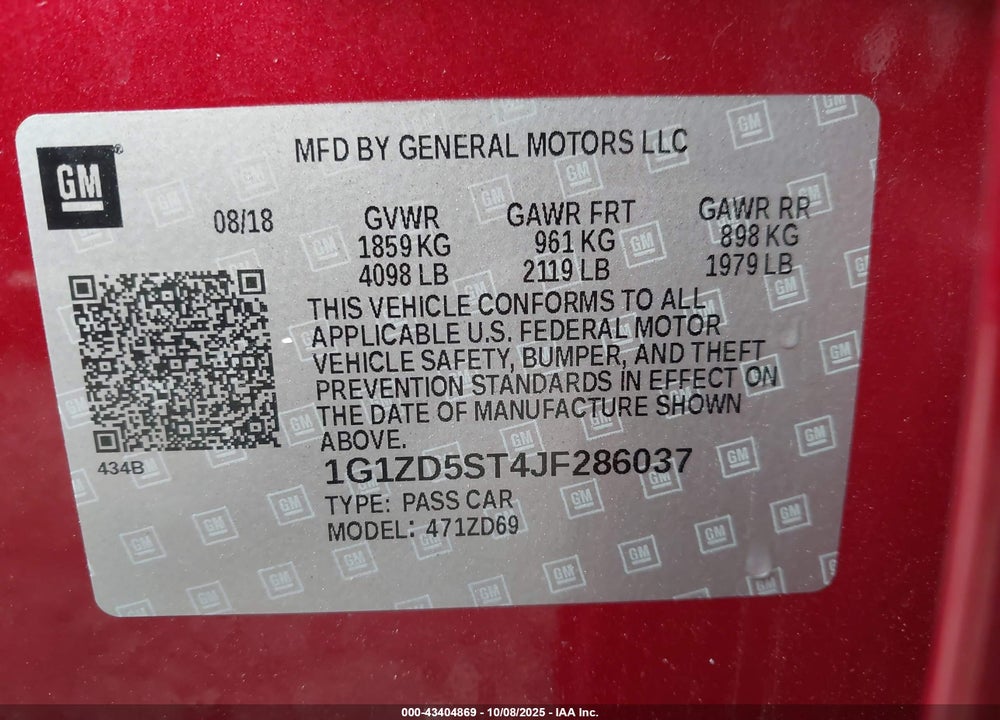 2018 CHEVROLET MALIBU LT VIN: 1G1ZD5ST4JF286037