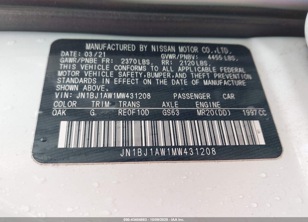 2021 NISSAN ROGUE SPORT VIN: JN1BJ1AW1MW431208