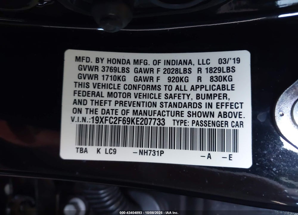 2019 HONDA CIVIC VIN: 19XFC2F69KE207733