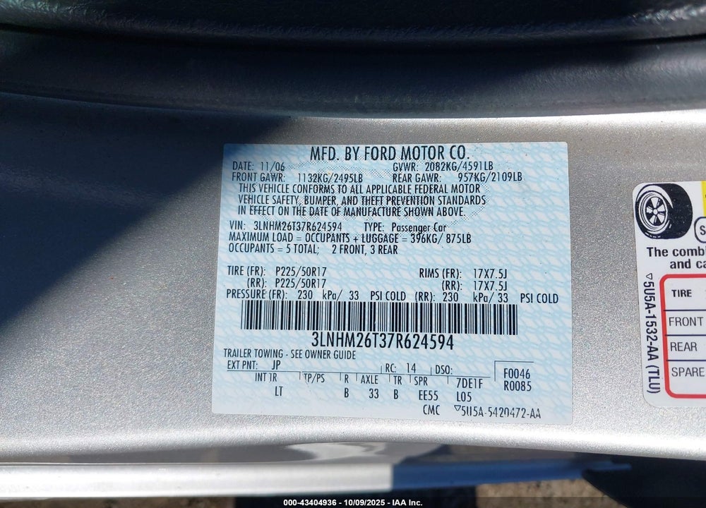 2007 LINCOLN MKZ VIN: 3LNHM26T37R624594