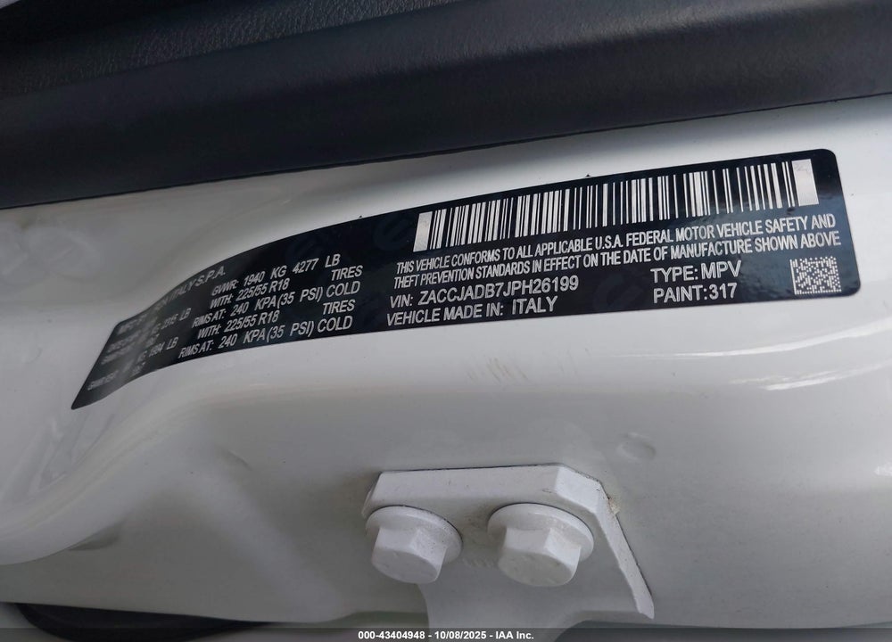 2018 JEEP RENEGADE LIMITED FWD VIN: ZACCJADB7JPH26199