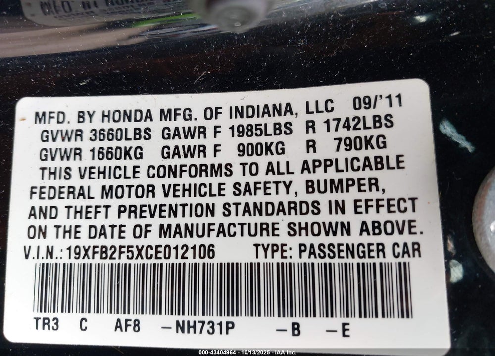 2012 HONDA CIVIC LX VIN: 19XFB2F5XCE012106