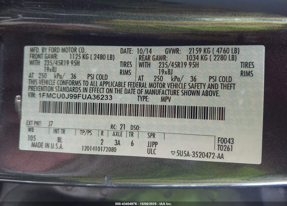 2015 FORD ESCAPE VIN: 1FMCU0J99FUA36233