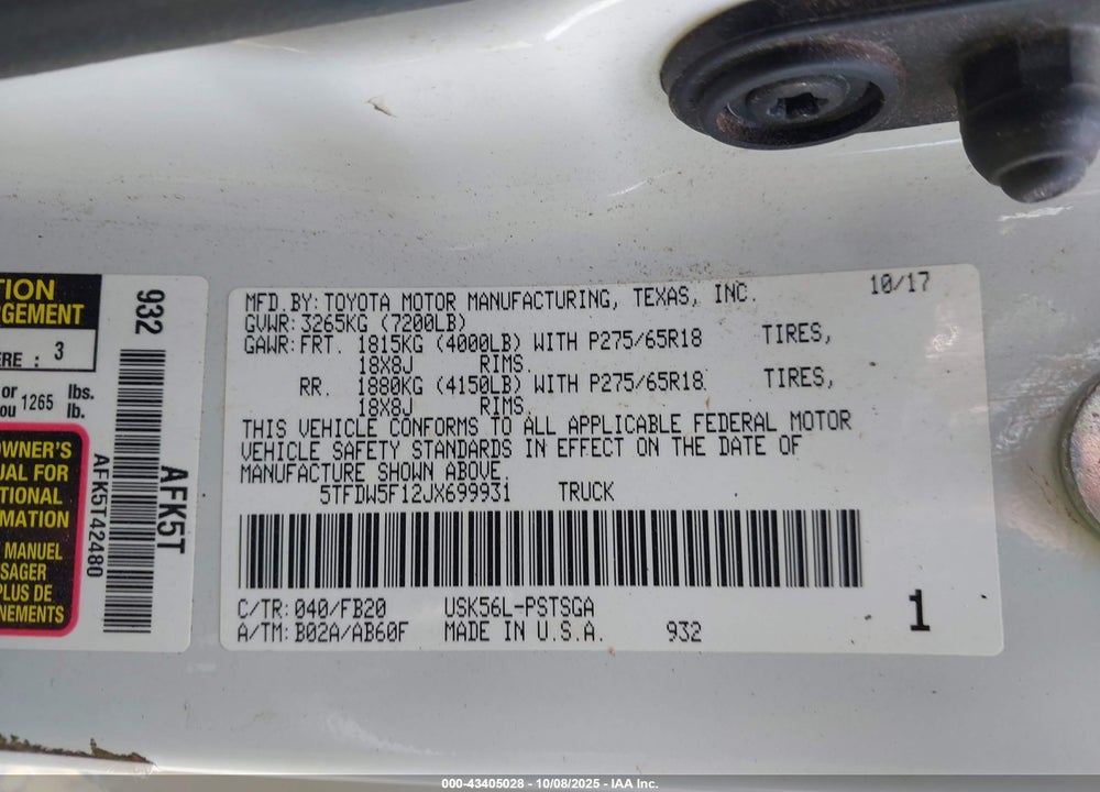 2018 TOYOTA TUNDRA SR5 5.7L V8 VIN: 5TFDW5F12JX699931