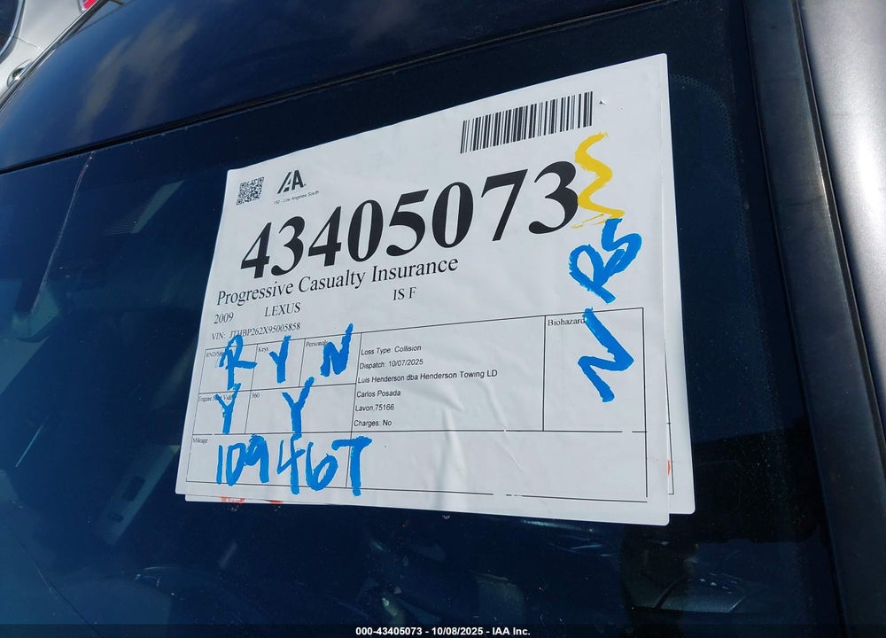 2009 LEXUS IS F VIN: JTHBP262X95005858
