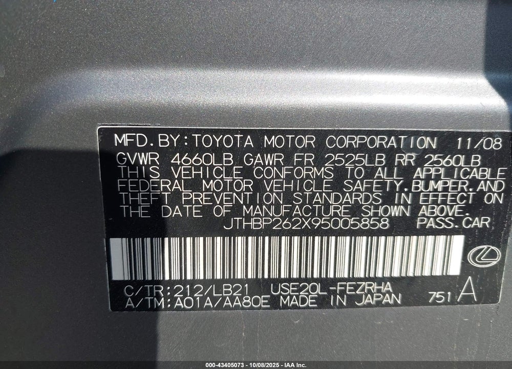 2009 LEXUS IS F VIN: JTHBP262X95005858