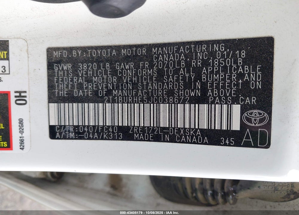 2018 TOYOTA COROLLA VIN: 2T1BURHE5JC038672