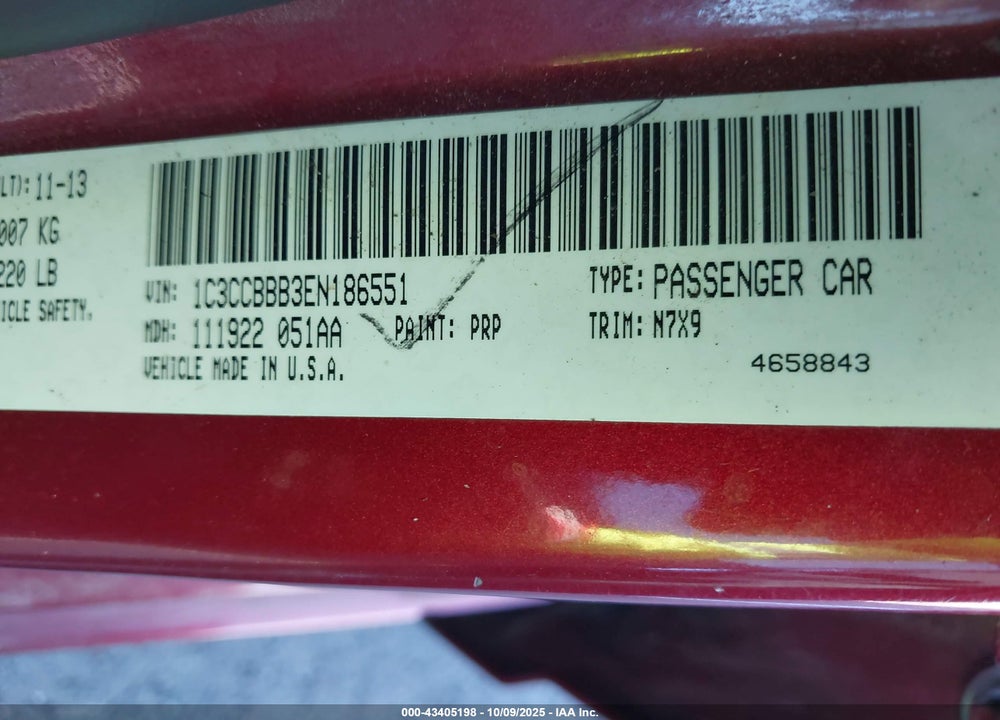 2014 CHRYSLER 200 VIN: 1C3CCBBB3EN186551