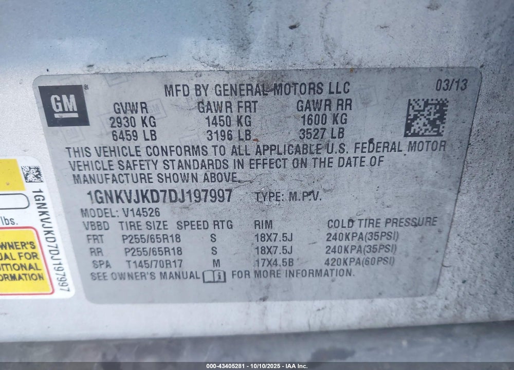 2013 CHEVROLET TRAVERSE 2LT VIN: 1GNKVJKD7DJ197997