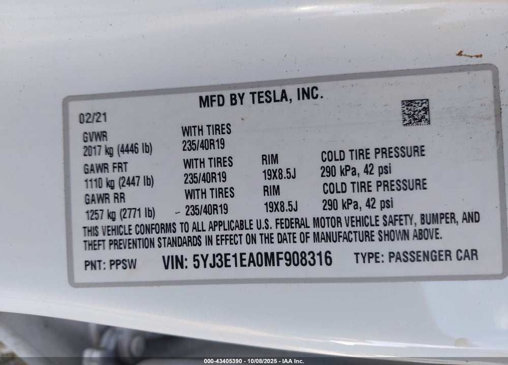 2021 TESLA MODEL 3 STANDARD RANGE PLUS REAR-WHEEL DRIVE VIN: 5YJ3E1EA0MF908316