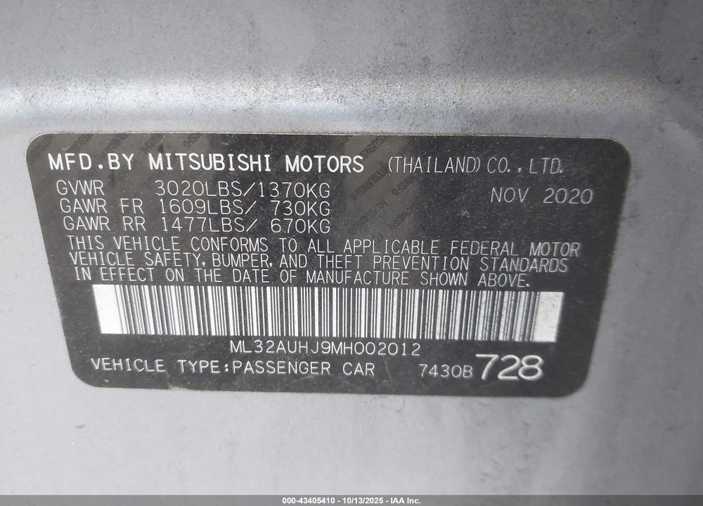 2021 MITSUBISHI MIRAGE VIN: ML32AUHJ9MH002012