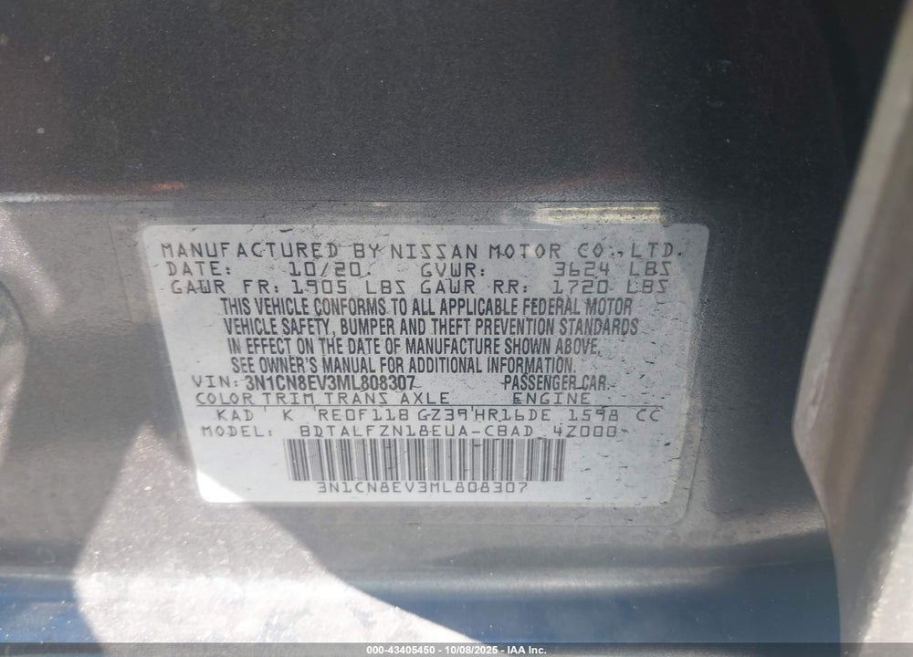 2021 NISSAN VERSA SV XTRONIC CVT VIN: 3N1CN8EV3ML808307