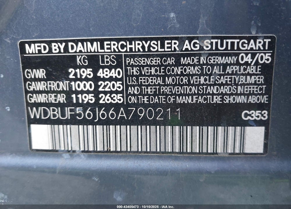 2006 MERCEDES-BENZ E-CLASS VIN: WDBUF56J66A790211