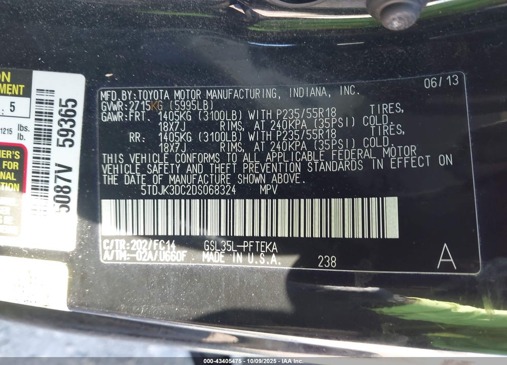 2013 TOYOTA SIENNA LE 7 PASSENGER VIN: 5TDJK3DC2DS068324