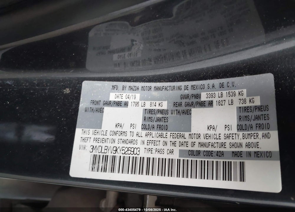 2019 TOYOTA YARIS LE VIN: 3MYDLBYV9KY526903