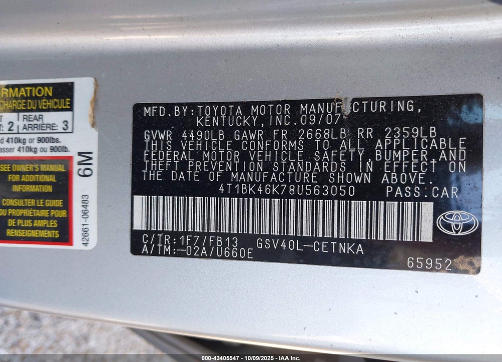 2008 TOYOTA CAMRY LE V6 VIN: 4T1BK46K78U563050