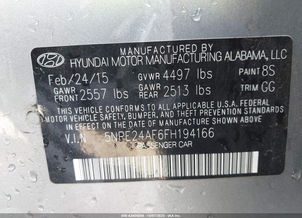 2015 HYUNDAI SONATA VIN: 5NPE24AF6FH194166