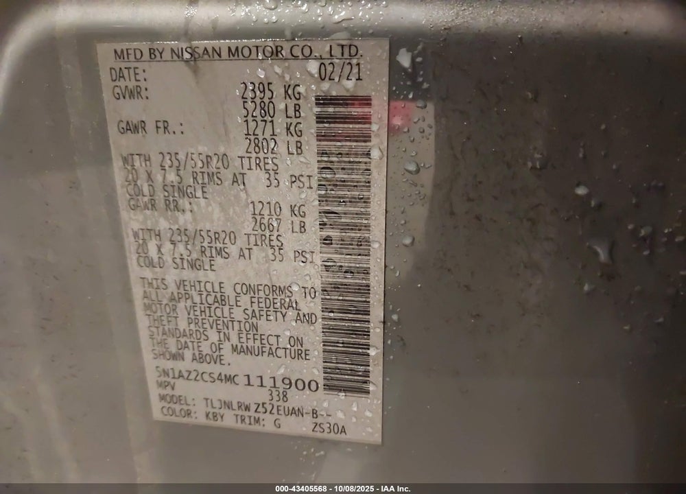 2021 NISSAN MURANO VIN: 5N1AZ2CS4MC111900