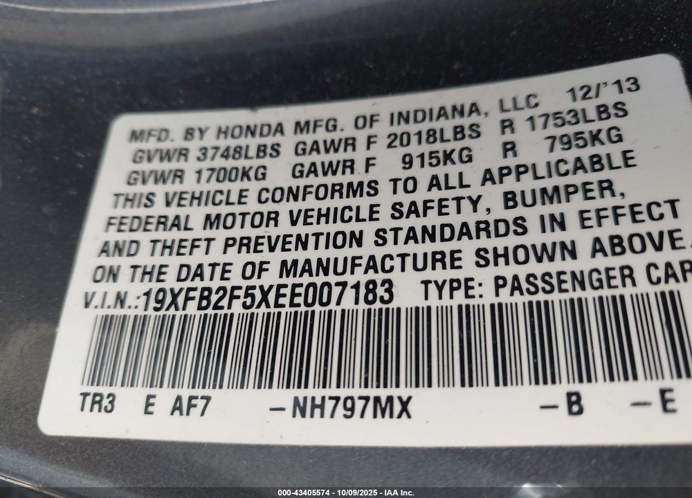 2014 HONDA CIVIC VIN: 19XFB2F5XEE007183