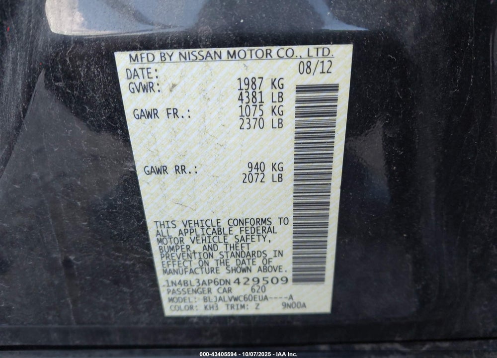 2013 NISSAN ALTIMA VIN: 1N4BL3AP6DN429509
