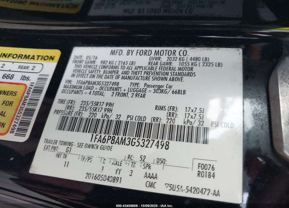 2016 FORD MUSTANG V6 VIN: 1FA6P8AM3G5327498