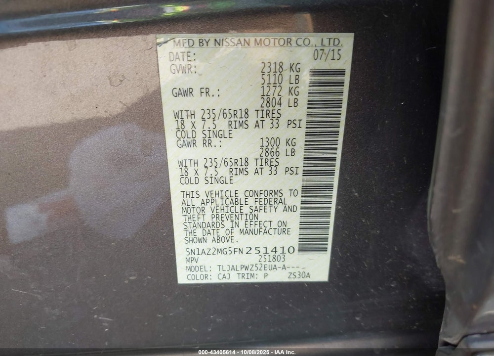 2015 NISSAN MURANO S VIN: 5N1AZ2MG5FN251410