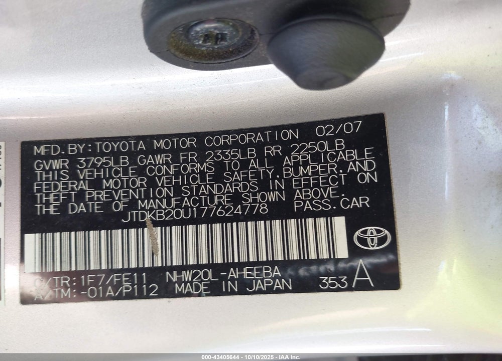2007 TOYOTA PRIUS VIN: JTDKB20U177624778