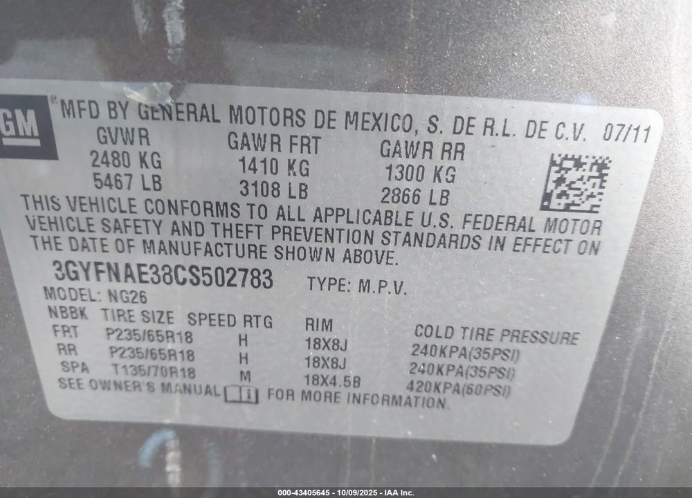 2012 CADILLAC SRX LUXURY COLLECTION VIN: 3GYFNAE38CS502783