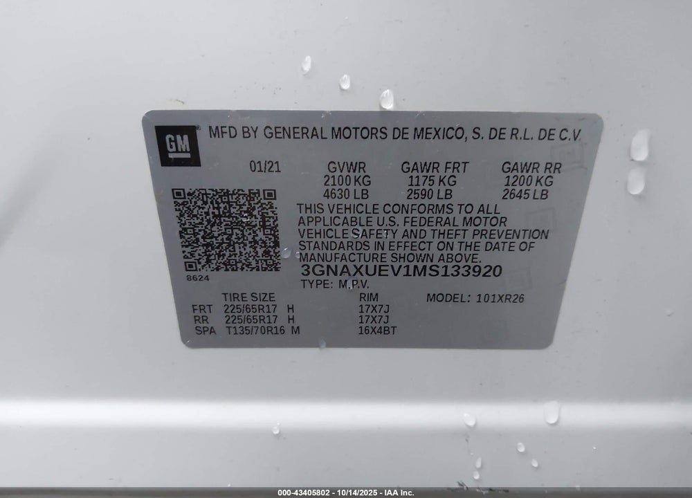 2021 CHEVROLET EQUINOX AWD LT VIN: 3GNAXUEV1MS133920