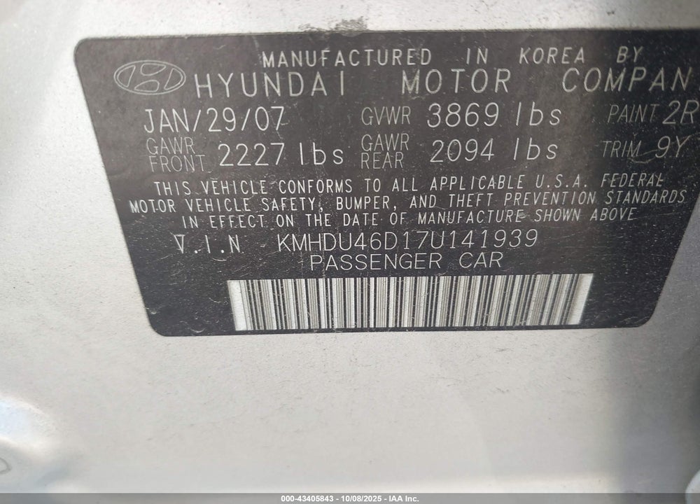 2007 HYUNDAI ELANTRA GLS/LIMITED/SE VIN: KMHDU46D17U141939