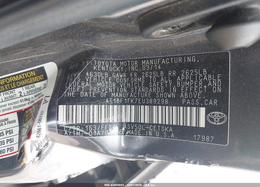 2014 TOYOTA CAMRY VIN: 4T1BF1FK7EU389298