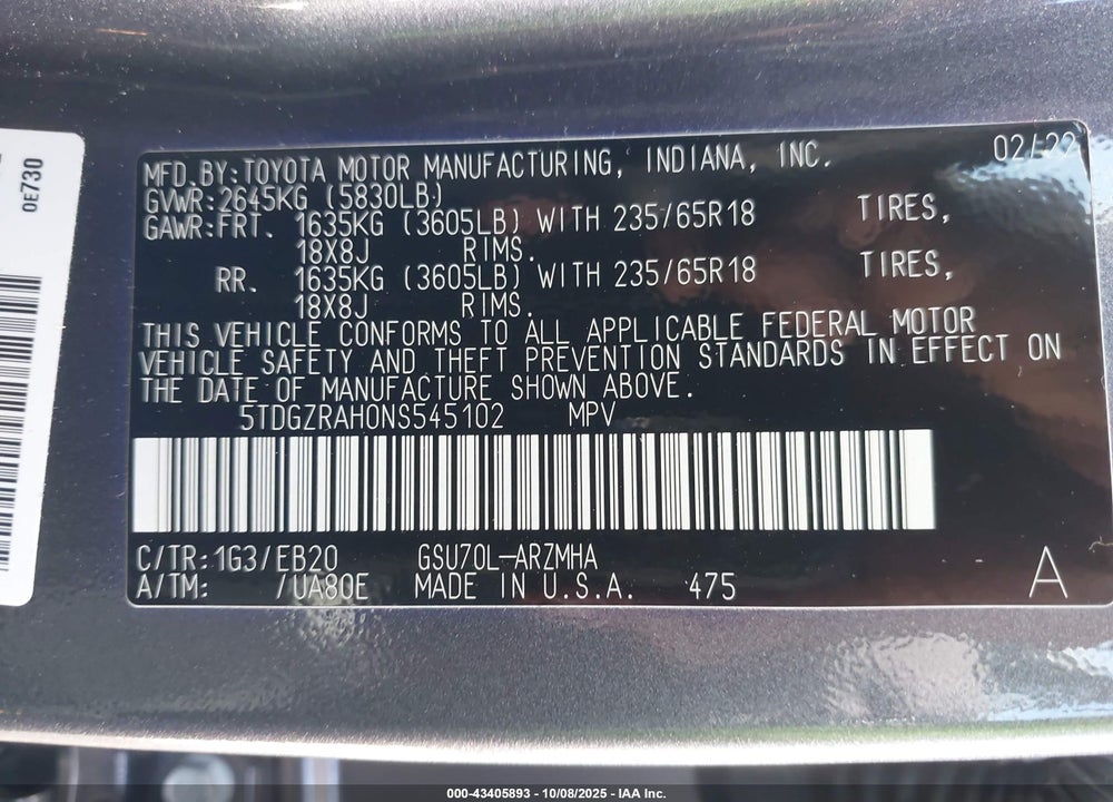 2022 TOYOTA HIGHLANDER XLE VIN: 5TDGZRAH0NS545102